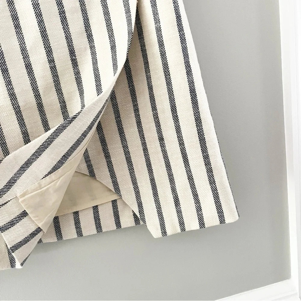J.Crew Linen Pinstriped Pencil Grey White Mini Skirt Wrap Size 4 Academia Preppy